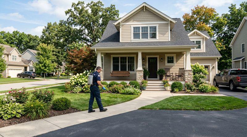 Pest control technician treating a home
